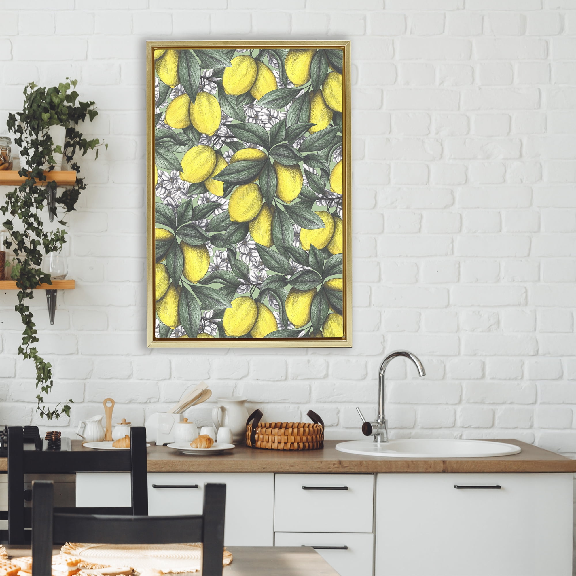 Under The Lemon Tree Gold Framed Floater Canvas Wall Art, design by Cecilia Battaini