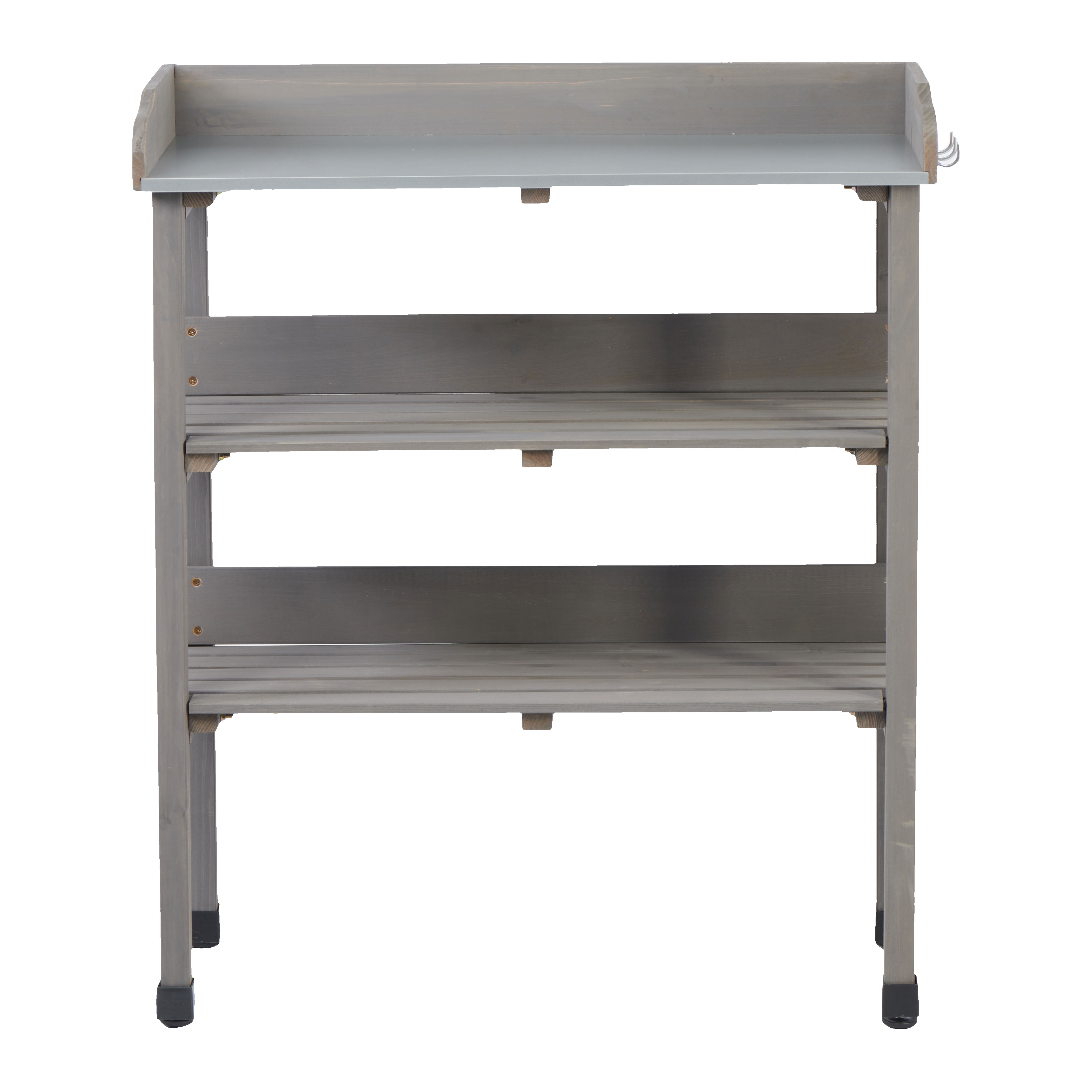 MAYEERTY 3-Tier Potting Table, Outdoor Work Bench with Metal Tabletop, Built-In Hooks & Adjustable Feet, for Garden, Patio, Garage, Workshop