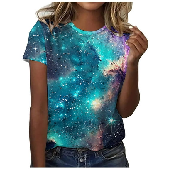 Womens Trendy Summer Tops Galaxy Graphic Printed T Shirts Classic Fit Short Sleeve Crewneck Tee Shirt Dressy Blouse and Top Fashion Going Out Workout Clothes Loose Comfy Tunic