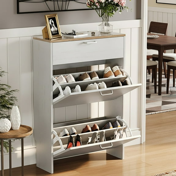 Ktaxon Shoe Cabinet Storage with 2 Flip Drawers & Drop-Down Door for Entryway, White & Vintage Brown