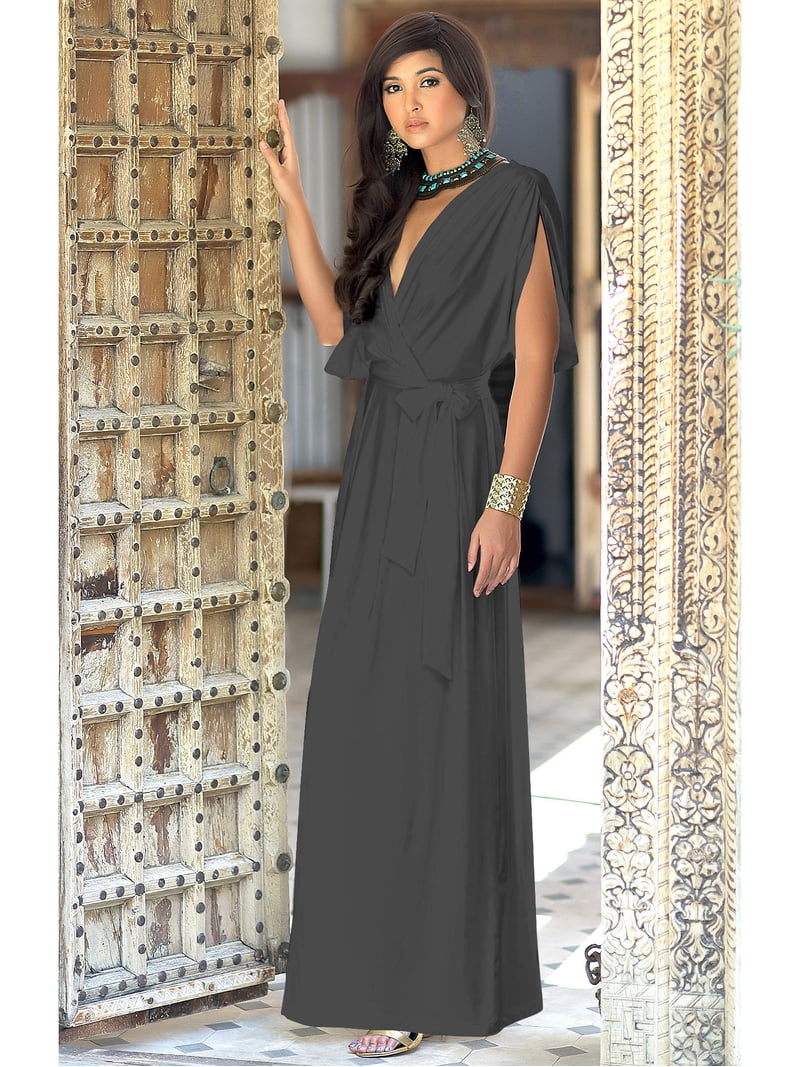KOH KOH Long Bridesmaid Formal Short Sleeve V-Neck Full Floor Length Flowy Cocktail Summer Evening Wedding Guest Party Tall Maxi Dress Gown For Women Dark Gray Grey Large US 12-14 NT026 - KOH KOH Long Bridesmaid Formal Short Sleeve V-Neck Full Floor Length Flowy Cocktail Summer Evening Wedding Guest Party Tall Maxi Dress Gown For Women Dark Gray Grey Large US 12-14 NT026 -