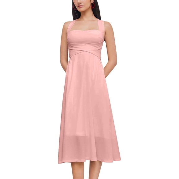 Women's A-Line Cocktail Dress, Sexy Criss Cross Backless Party Dresses, Flattering Ruched Waist French Square Neck Summer Wedding Guest Midi Gown