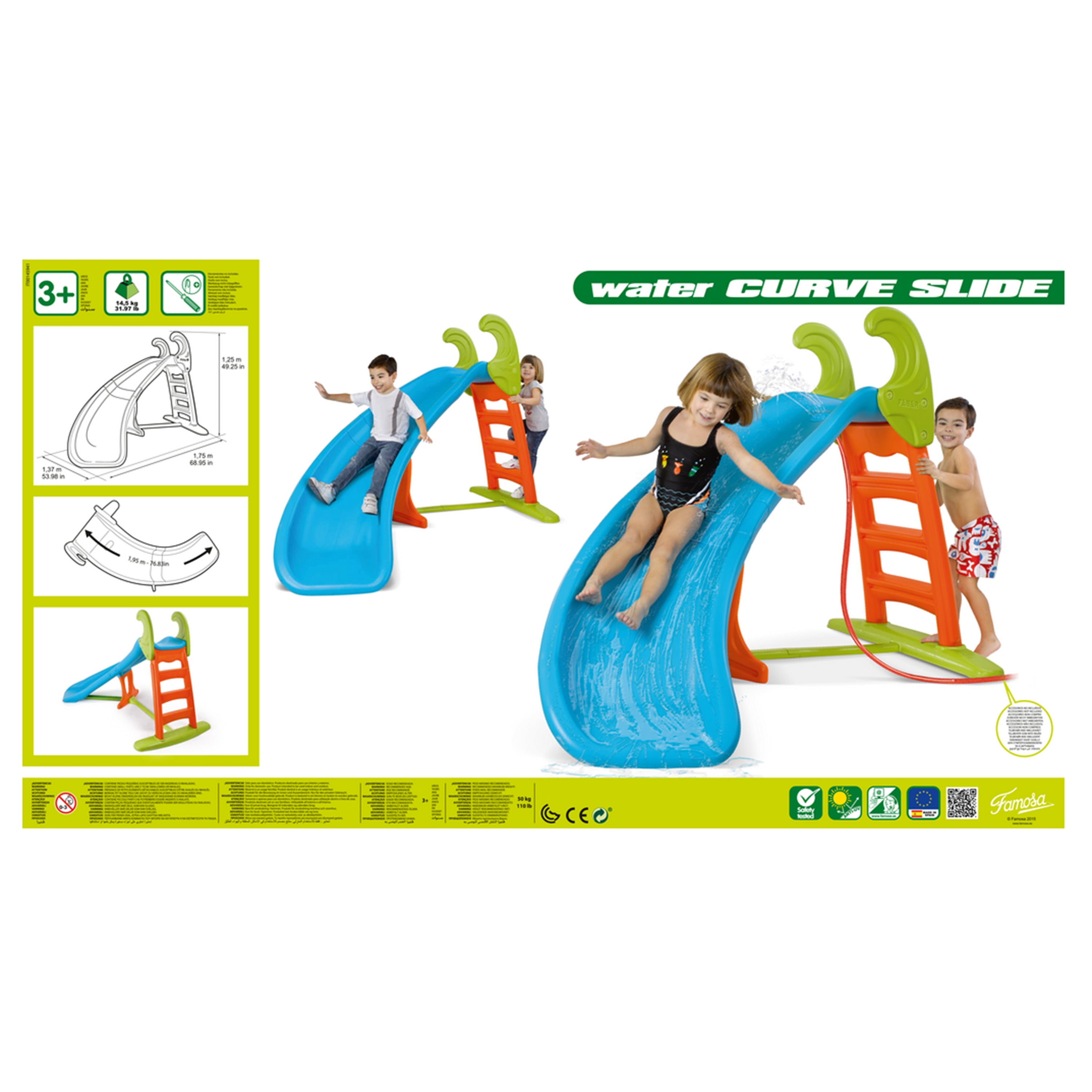 Feber Children Curve Slide Plus with Water Connection Outdoor Pool Toy Fun 
