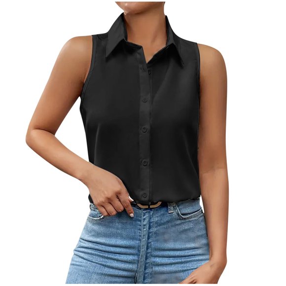 Timegard Womens Tank Tops Formal Top Lapel V-Neck Button down Sleeveless Business Casual Loose Shirts