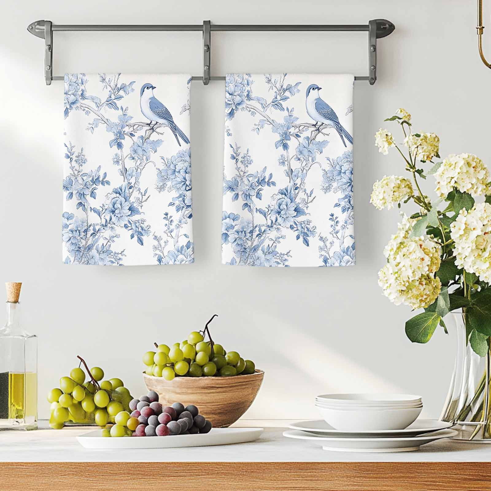 Blue White Flowers Kitchen Towels Set of 2, Spring Summer Floral Botanical Soft Microfiber Dish Towels, Absorbent Quick-Dry Washable Dishcloths for Kitchen Cleaning, Drying Dishes, 18x28 Inches