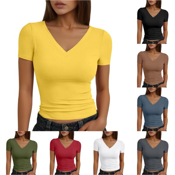 Women Fashion SSolid V Neck Short Sleeve Slim T Shirt Top Polyester Spandex T Shirts Women Casual Short Sleeve Tops for Women Swim Tops Compression Shirt Women Long