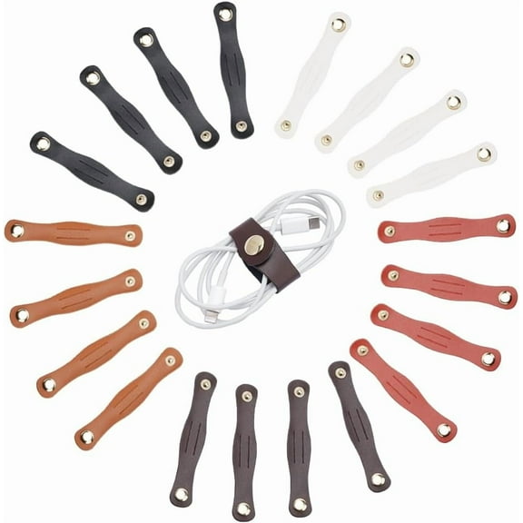 1box 20pcs 5 colors Leather Cable Straps Cord Organizer Reusable Wire Clips Fastener Wrap Ties Charging Cord Data Power Earphone USB Holder Winder Keeper Management for Travel Office Black Beige
