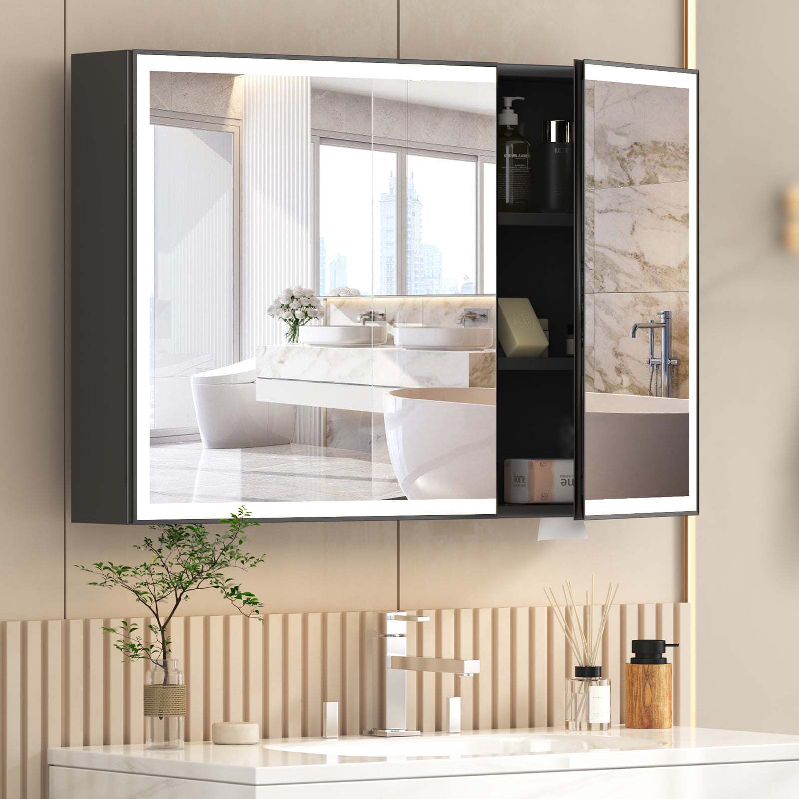 JBLCC LED Medicine Cabinet with Mirror, Wall-Mounted Bathroom Mirror Cabinet, Anti-Fog Touch Sensor Storage Organizer with 5 Shelves, 39.37"x23.62", Black