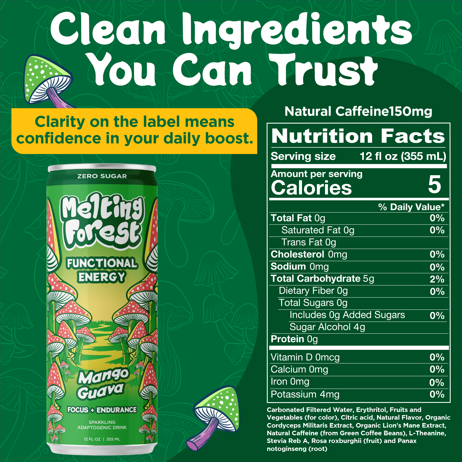 Melting Forest Mango Guava Mushroom Energy Drink, Lion's Mane & Cordyceps, Zero Sugar 12 Pk
