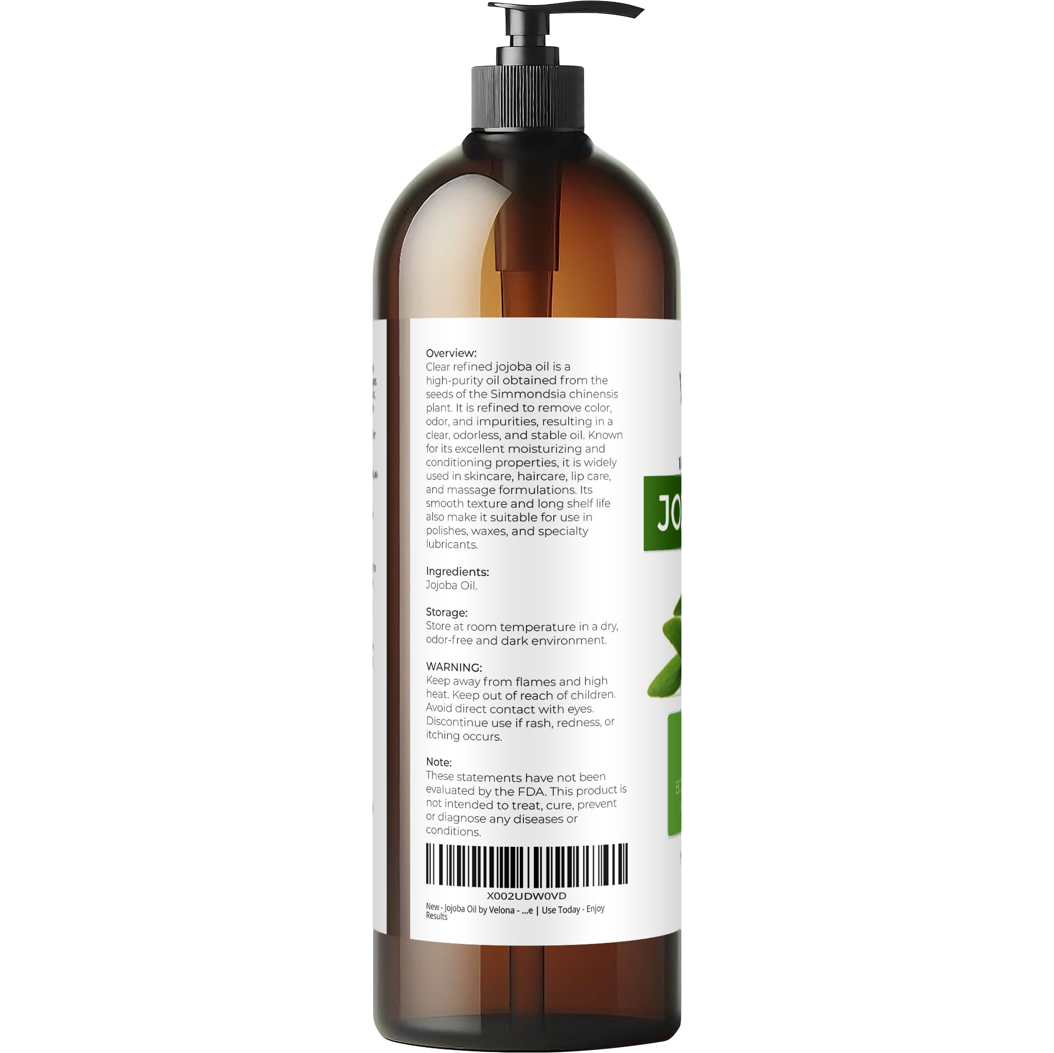Jojoba Oil by Velona - 32 fl oz | 100% Pure and Natural Carrier Oil | Clear, Refined, Cold Pressed | Moisturizing Face, Hair, Body and Skin Care | Use Today - Enjoy Results