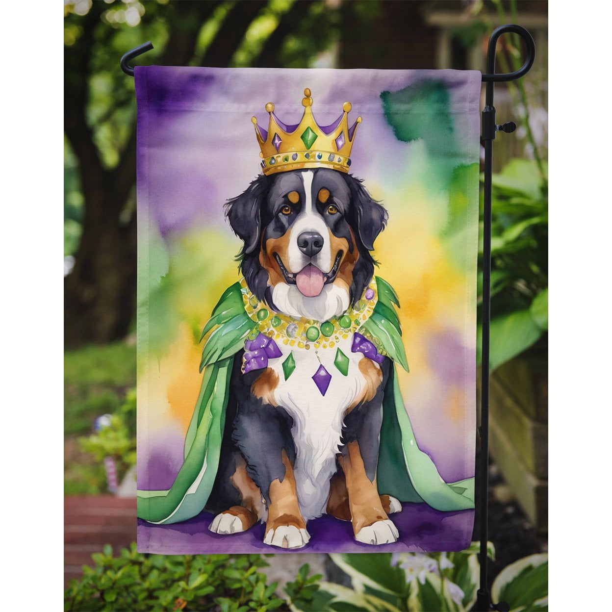Bernese Mountain Dog King of Mardi Gras Garden Flag 11.25 in x 15.5 in