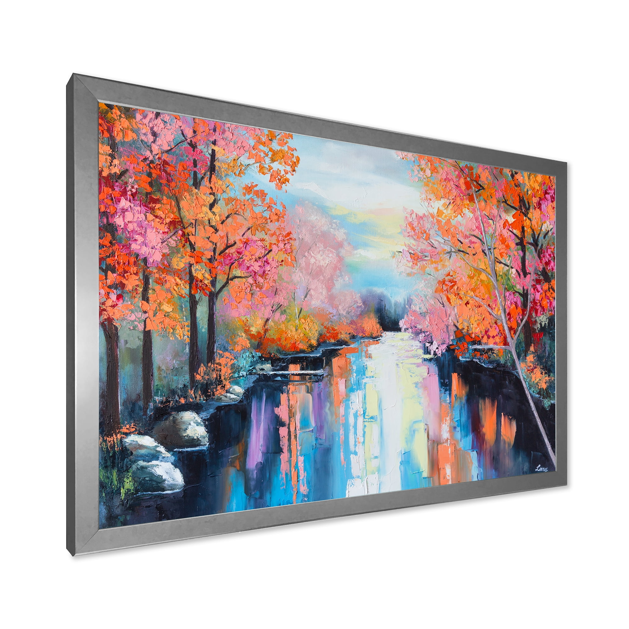 Designart 'The River Through Orange Autumn Forest' Lake House Framed Art Print