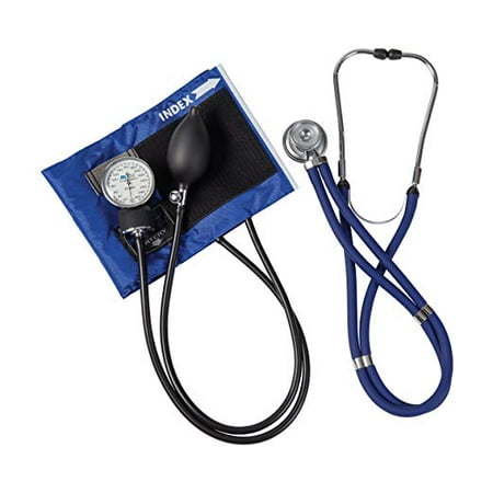 MABIS MatchMates Aneroid Sphygmomanometer and Sprague Rappaport Stethoscope Combination Manual Blood Pressure Kit with Calibrated Nylon Cuff, Professional Quality, Carrying Case, Royal (Best Combination With Royal Blue)