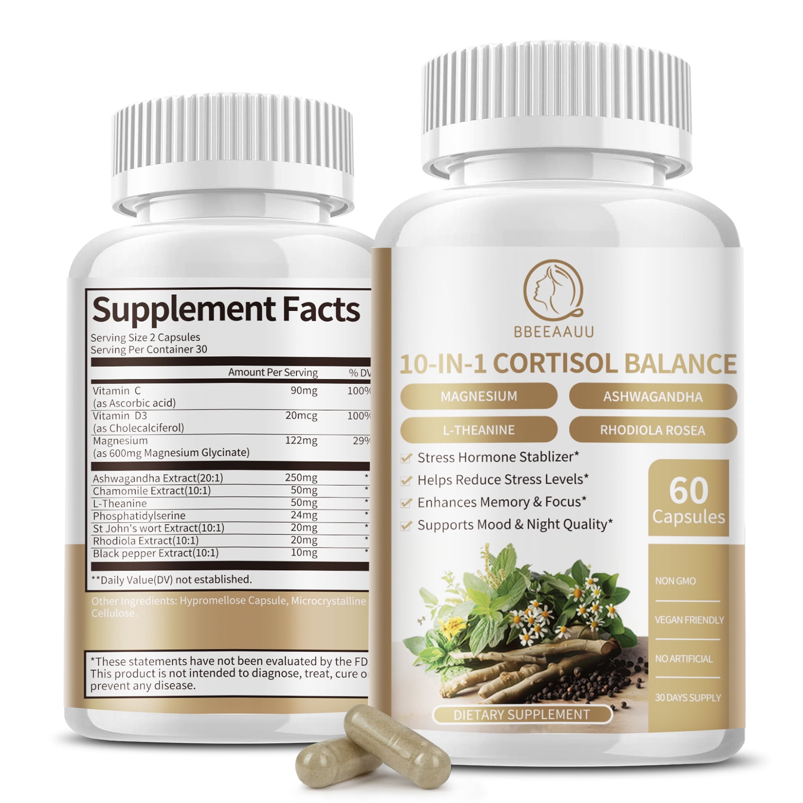 (2 Pack)10-In-1 Cortisol Balance, with Magnesium, Ashwagandha & L-Theanine for Mood, Focus, Relaxation & Deep Sleep Support, 60 Pills