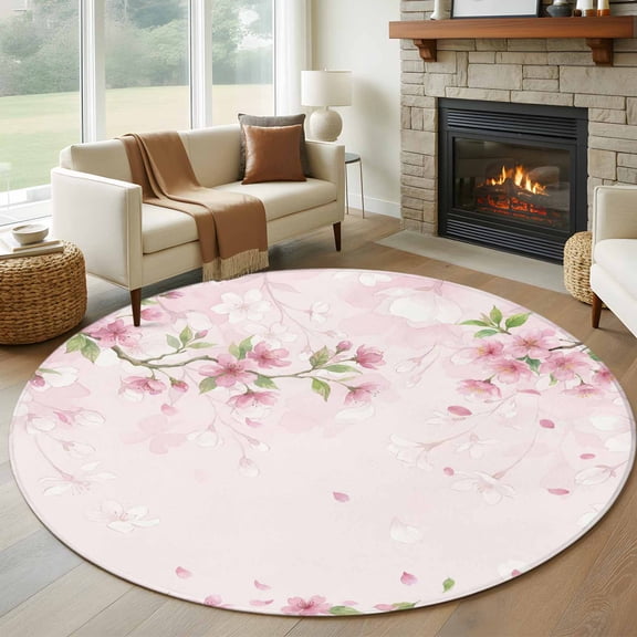 Cherry Blossom Round Area Rug 5Ft Washable Circle Rugs for Living Room Bedroom, Spring Farmhouse Botanical Flowers Non-Slip Carpet Floor Mats Indoor Outdoor Carpet Runner Aesthetic Home Decor