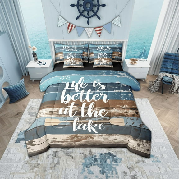 Erosebridal Rustic Lake House Bedding Twin Size, Life is Better at the Lake Print Comforter Sets with Sheets, Vintage Old Barn Door Duvet Set, Lodge Cabin Decor, Reversible 7-Piece