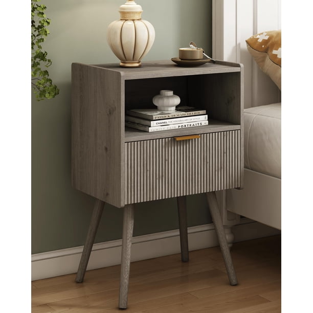 Mesita de noche moderna Nightstand JOONEE con almacenamiento en roble gris