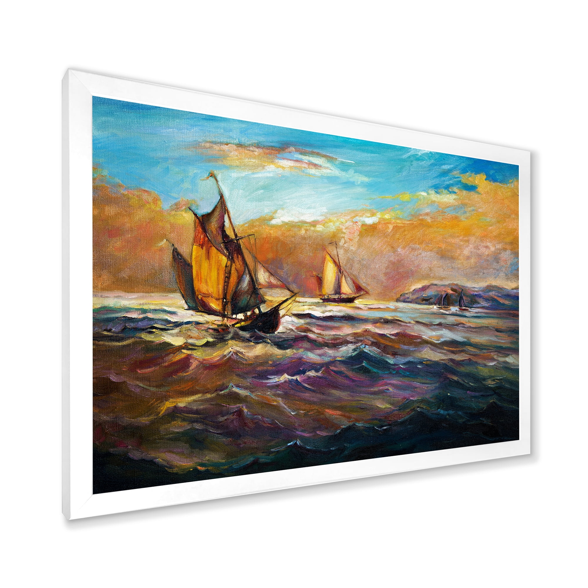 Boats During Evening Sunset In The Ocean II 40 in x 30 in Framed Painting Canvas Art Print, by Designart
