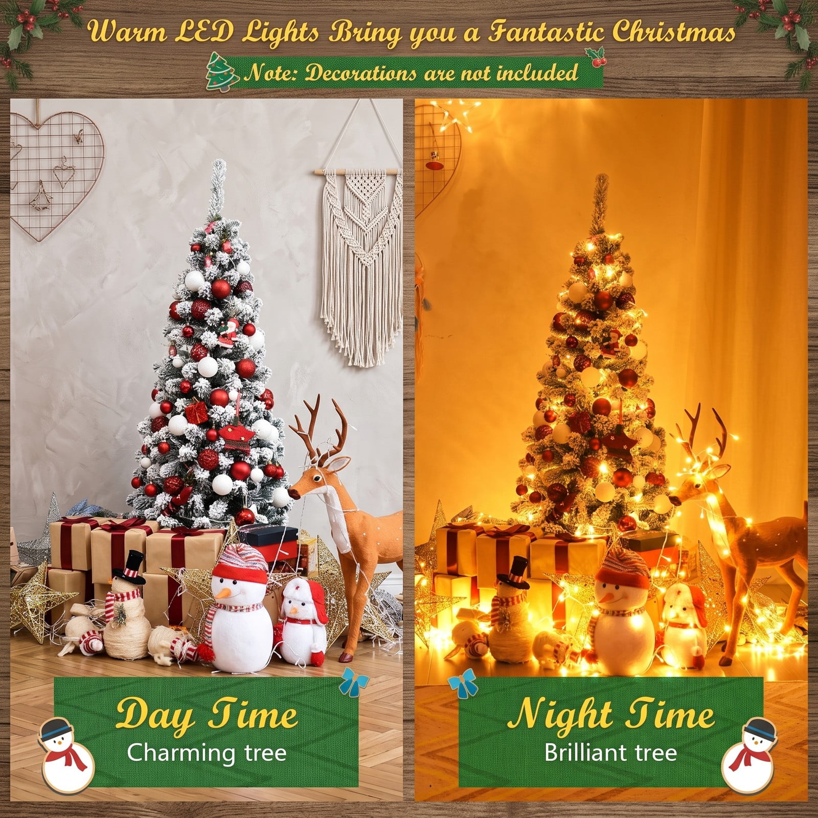 RUIE 4.5 FT Pre-Lit Snow Flocked Pencil Christmas Tree with 150 Warm White LED Lights, 242 Branch Tips, Artificial Slim Xmas Tree with Foldable Metal Stand for, White