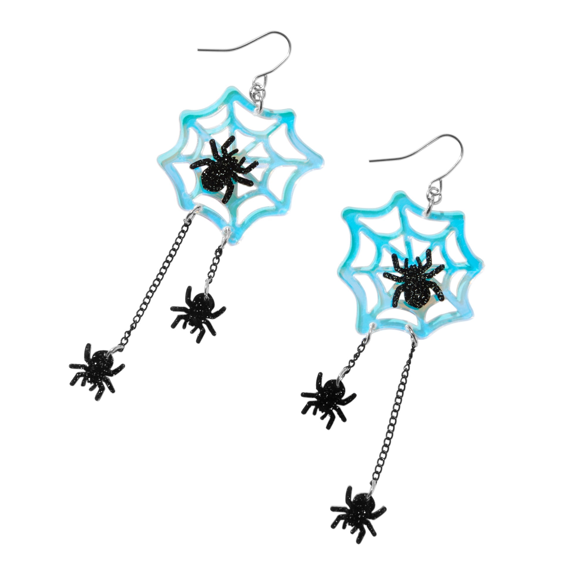 Claire's Halloween Acryllic Black Glitter Spider and Blue Web Dangle Earrings, 1-Pair