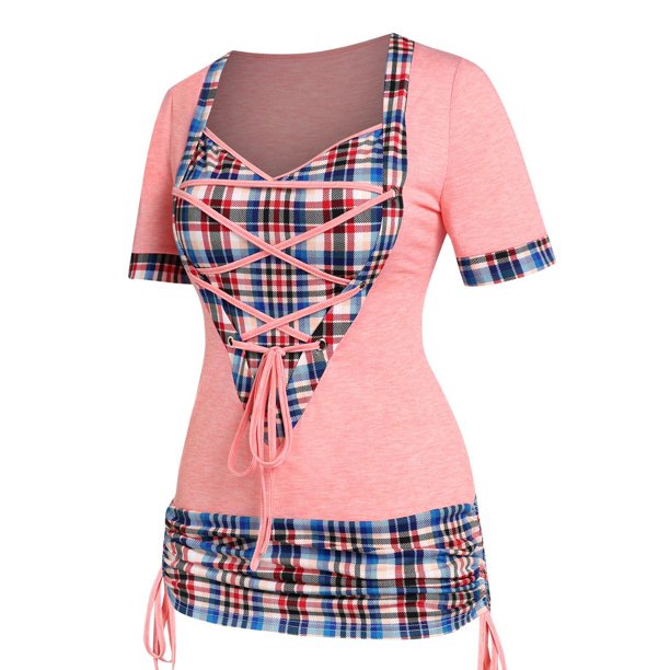 Camiseta a Cuadros Dobladillo Cordones Rosegal Camisetas tallas grandes
