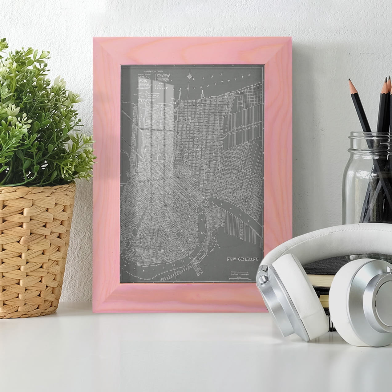 City Map of New Orleans -Framed Print w/glass-Sunset Pink
