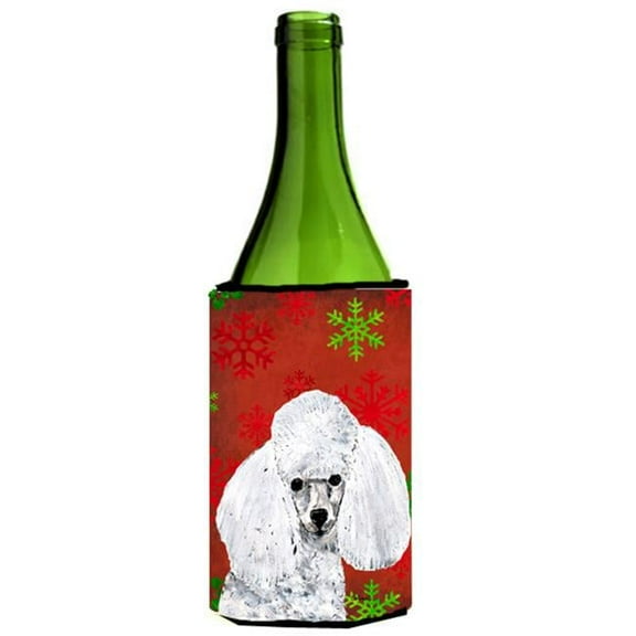 White Toy Poodle Red Snowflakes Holiday Wine bottle sleeve Hugger  24 Oz.