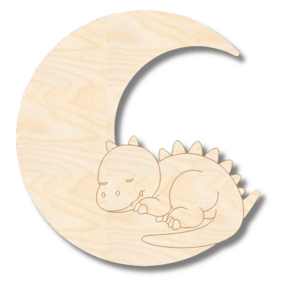 Unfinished Wood Etched Sleeping Dinosaur on Moon Shape 10" / 1/8"