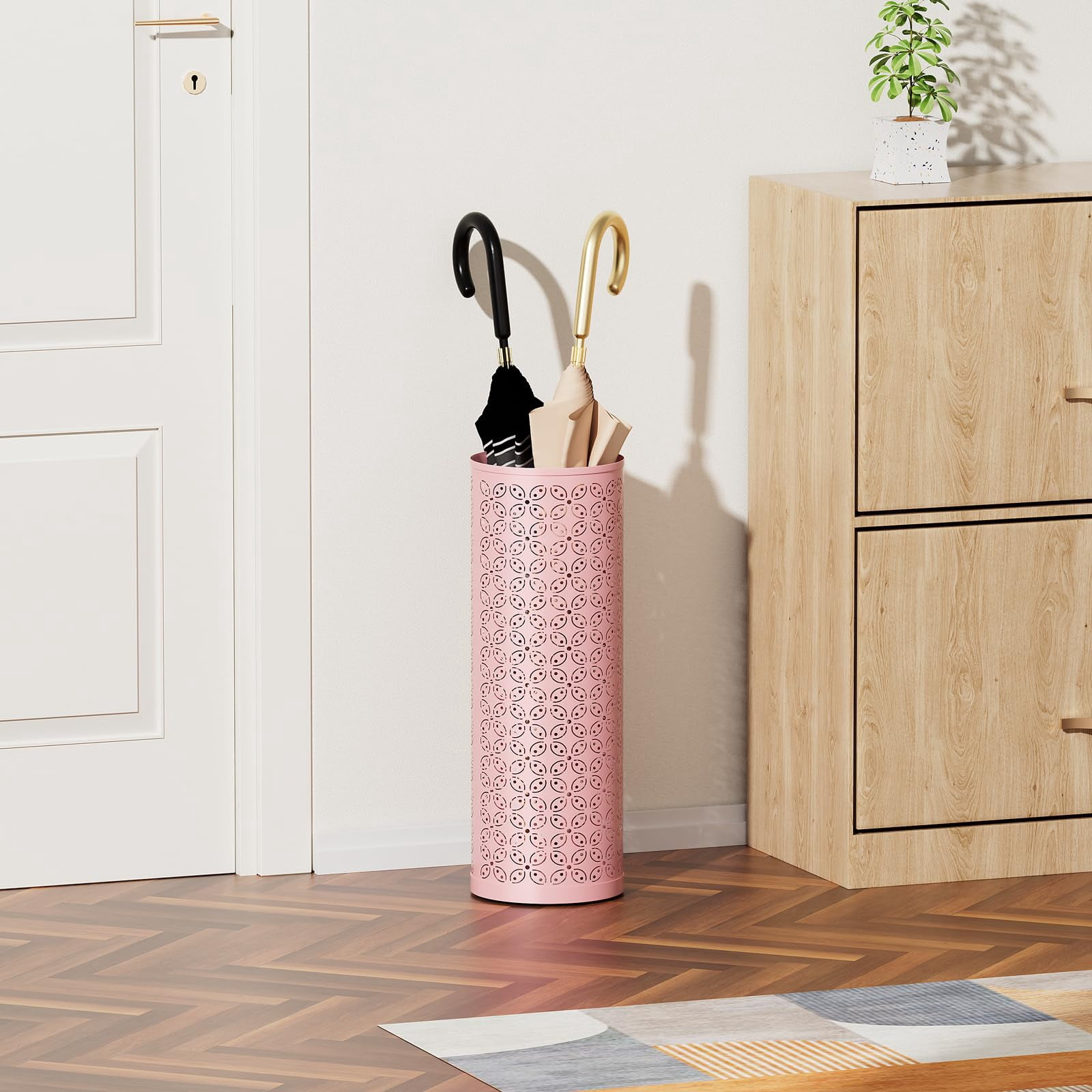 Metal Round Umbrella Stand Free Standing Holder Bin  Canes Walking Sticks For Entryway Home Office Pink
