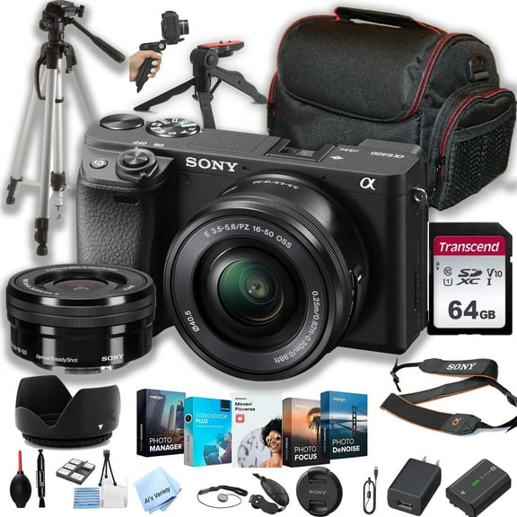 Sony a6400 Mirrorless Camera with 16-50mm Lens    64GB Memory   Case  Steady Grip Pod   Tripod  Software Pack   More (30pc Bundle)