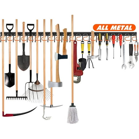 Adjustable Metal 68'' Wall Mount Garden Tool Organizer with Hooks- Garage Storage Solution