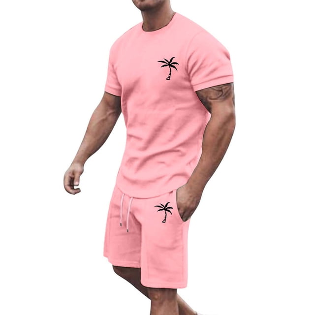 Conjunto de Sudadores de Hombres Impresión Casual Deportes de Manga Corta Cuello Redondo, Traje de Deporte de 2 Piezas con Pantalones de Corredores de Cintura Elástica