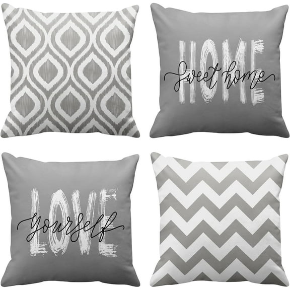 Set of 4 Throw Pillow Covers Grey White Geometric Abstract Art Home Sweet Home Love Yourself Decorative Pillow Cases Home Decor Standard Square 18x18 Inches Pillowcases