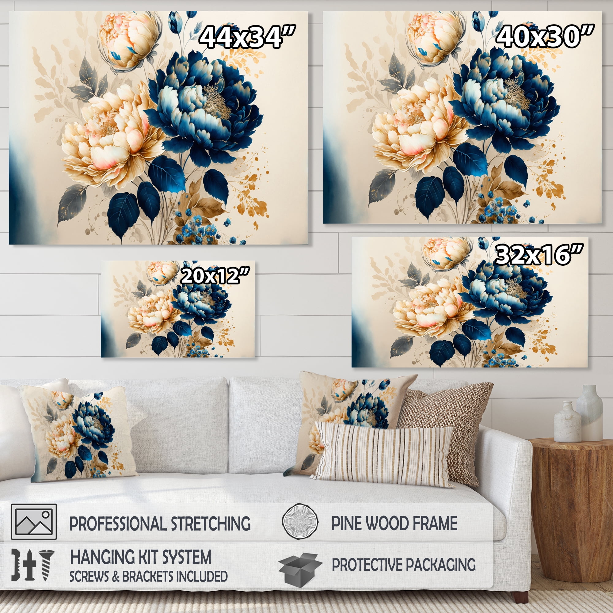 Designart Blue And Gold Floral Bunch II Canvas Wall Art