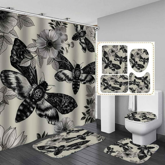 4-Piece Shower Curtain Sets Celestial Moon Phase Design, Waterproof Polyester Fabric with Non-Slip Rugs, Mystical Bathroom Decor - Black Boho Galaxy Botanical Theme