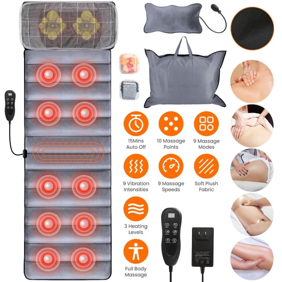 Imountek Electric Full Body Massage Mat with Heat, 10 Vibration Motors, 9 Modes & Intensity Levels, Detachable Neck Massage Pillow, Auto Timer, Home Office Relaxation Gift