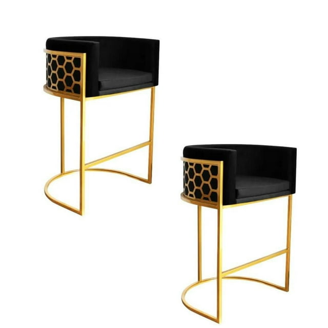 2 black velvet barrel counter stools. Featuring a unique bee panel design, plush velvet upholstery, and a modern sleek frame, these stools offer both comfort and style, making them a perfect fit for k