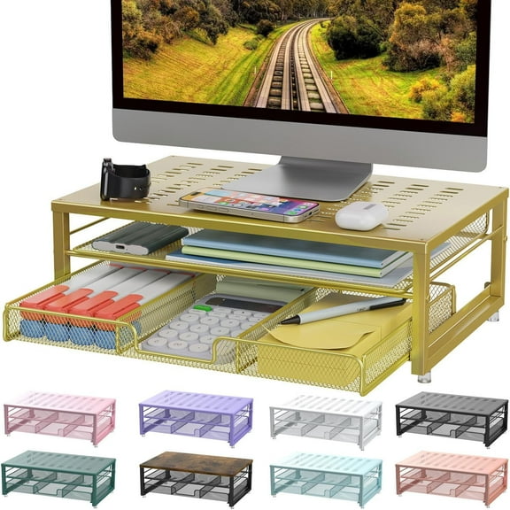 Computer Monitor Stand Riser, office organizer with Drawer, Office Organizers Storage for Classroom Office Supplies (Gold)