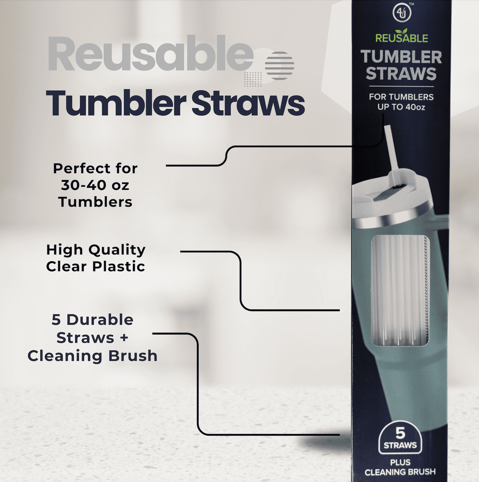 4th Utensil 13in Tumbler Straws with Cleaning Brush,5-Pack, Clear