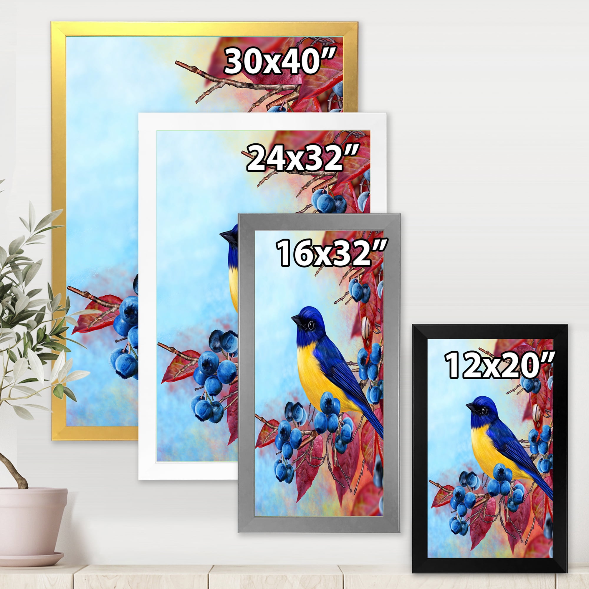 Designart 'Bright Bird Bullfinch Sitting On A Branch of Berries I' Traditional Framed Art Print