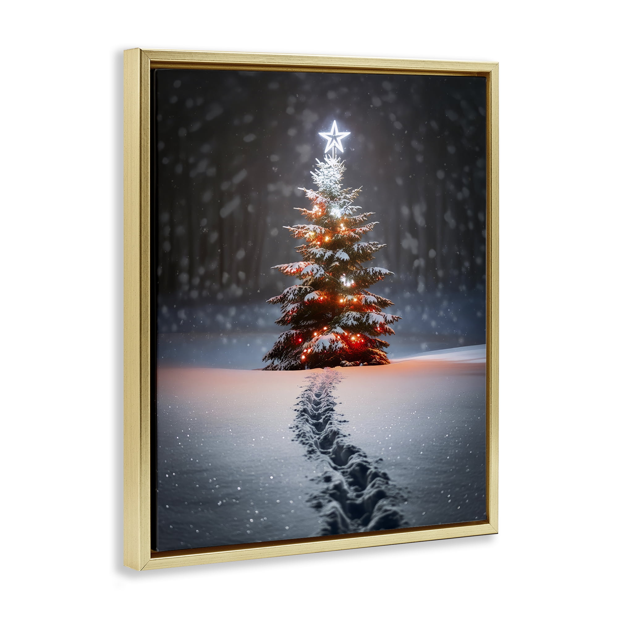 Stupell Industries Magic Moments Holiday Tree Holiday Photography Gold Floater Framed Canvas Art Prints Wall Art, 25 x 31