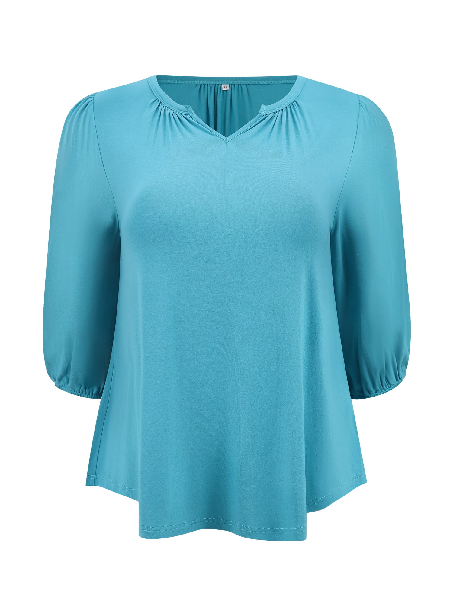 DARING DIVA Women's Plus Smocked 3/4 Sleeve Notch V Neck Blouse 2X Lake Blue
