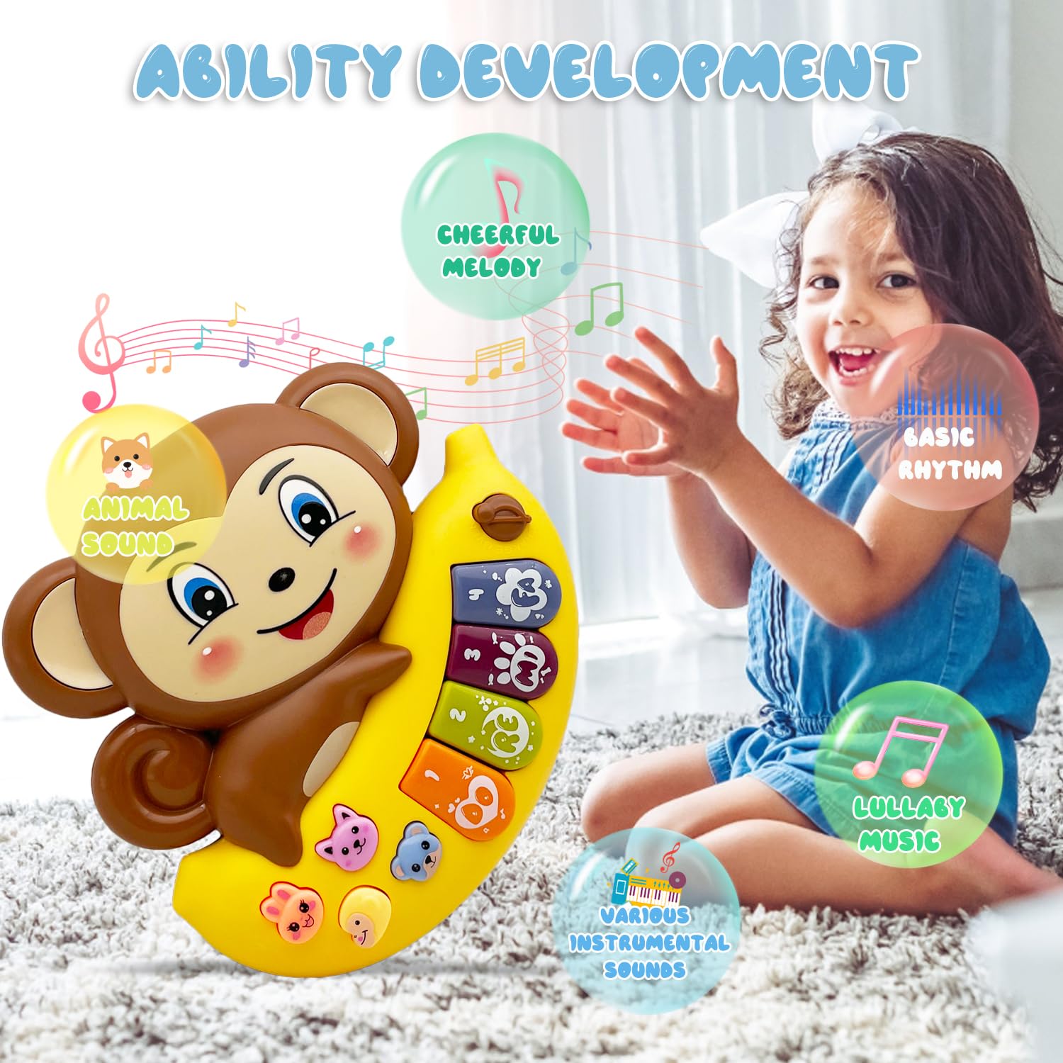 Baby Piano Toy Electronic Keyboard with Animals Sounds, Musical Toys for Babies 12 M+(Monkey)