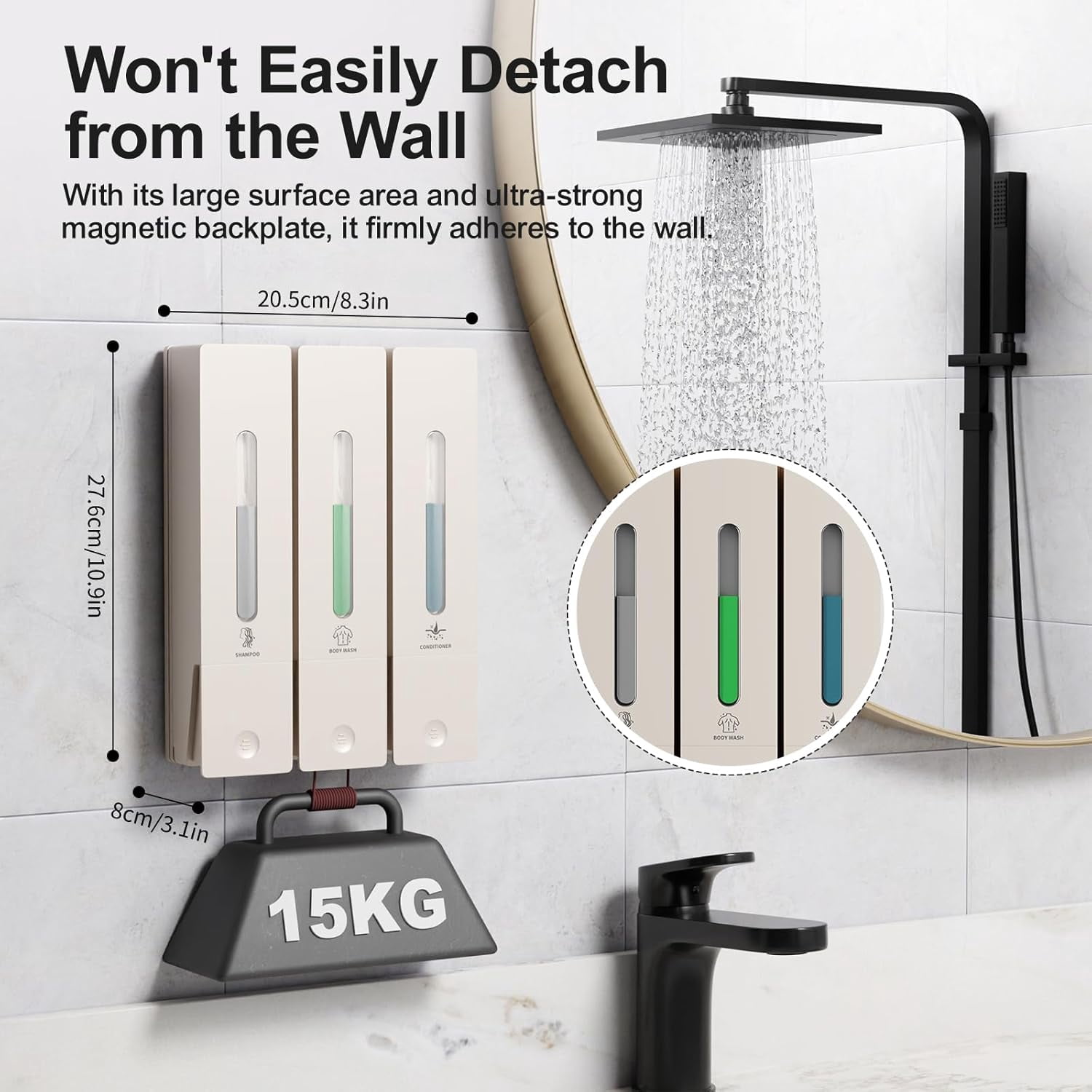 Shampoo and Conditioner Dispenser - Wall-Mounted 3-Chamber Shower Soap Dispenser, No-Drill, 1200ML Capacity, for Bathroom & Hotel