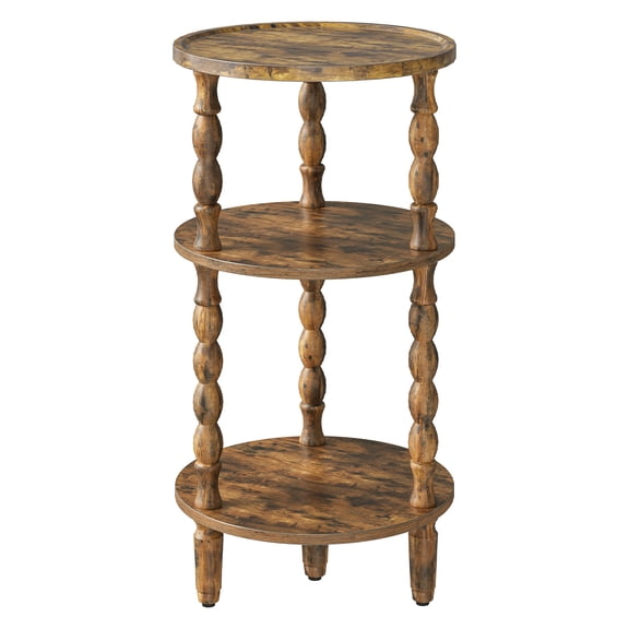 HOOBRO 3-Tier Round End Table with Solid Wood Leg, Rustic Brown