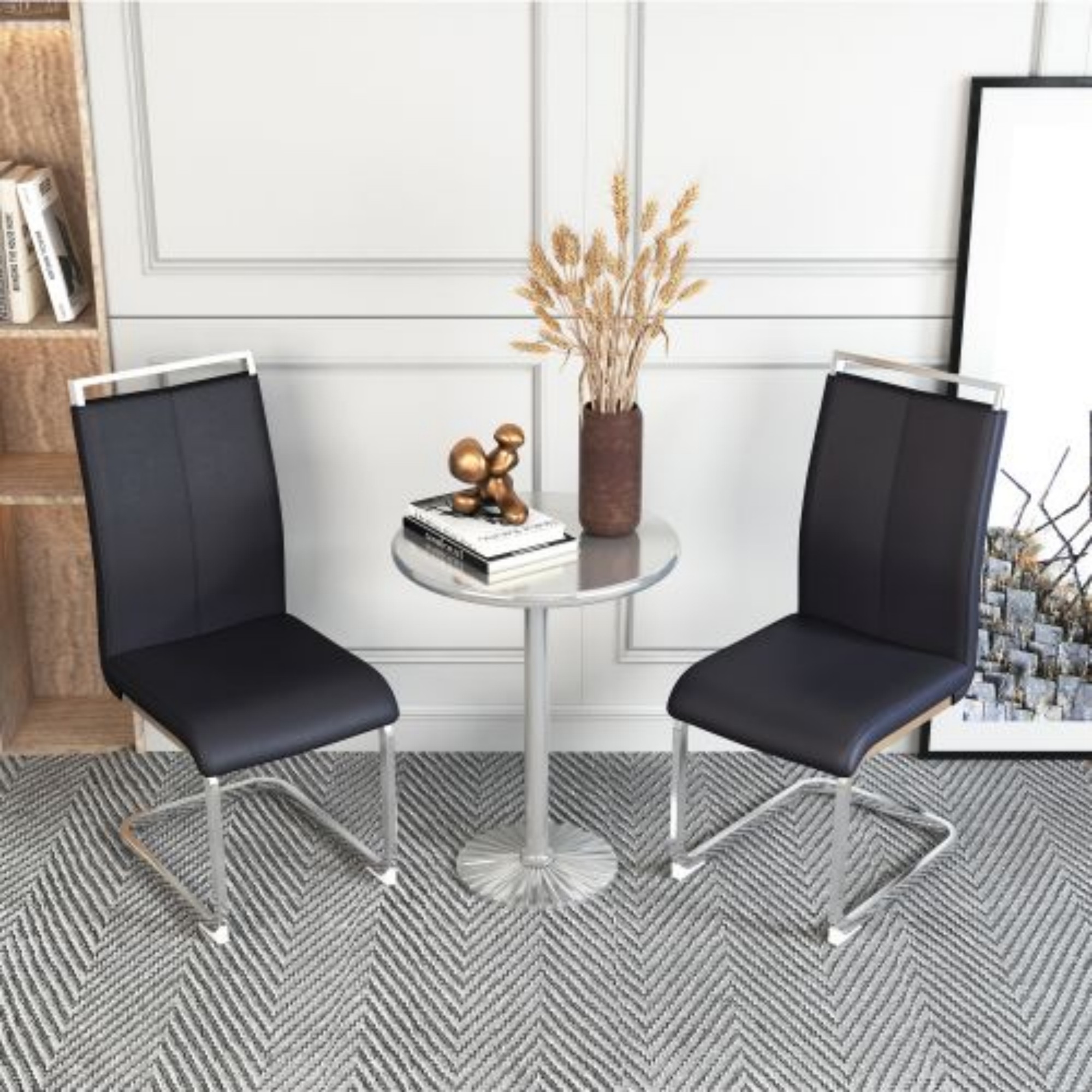 SUDICA Dining Chairs, Black PU Leather Upholstered, Chrome Metal Legs, Set of 2 for Kitchen Dining Room
