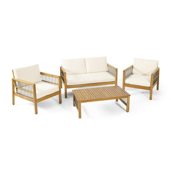 GDF Studio Sagewood Outdoor Acacia Wood 4 Seater Chat Set with Cushions, Teak and Beige