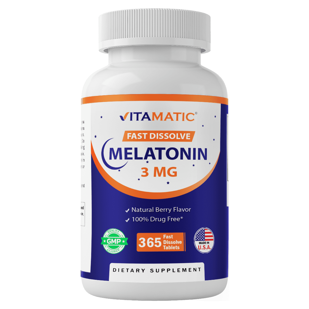 (3 pack) Vitamatic Melatonin 3mg Tablets | Vegetarian, Non-GMO, Gluten Free | 1 Year Supply | Natural Berry Flavor - 365 Tablets