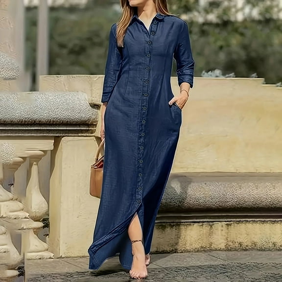 Womens Plus Size Casual Button Down Denim Maxi Dress Long Sleeve Long Jean Dresses With Pockets, S