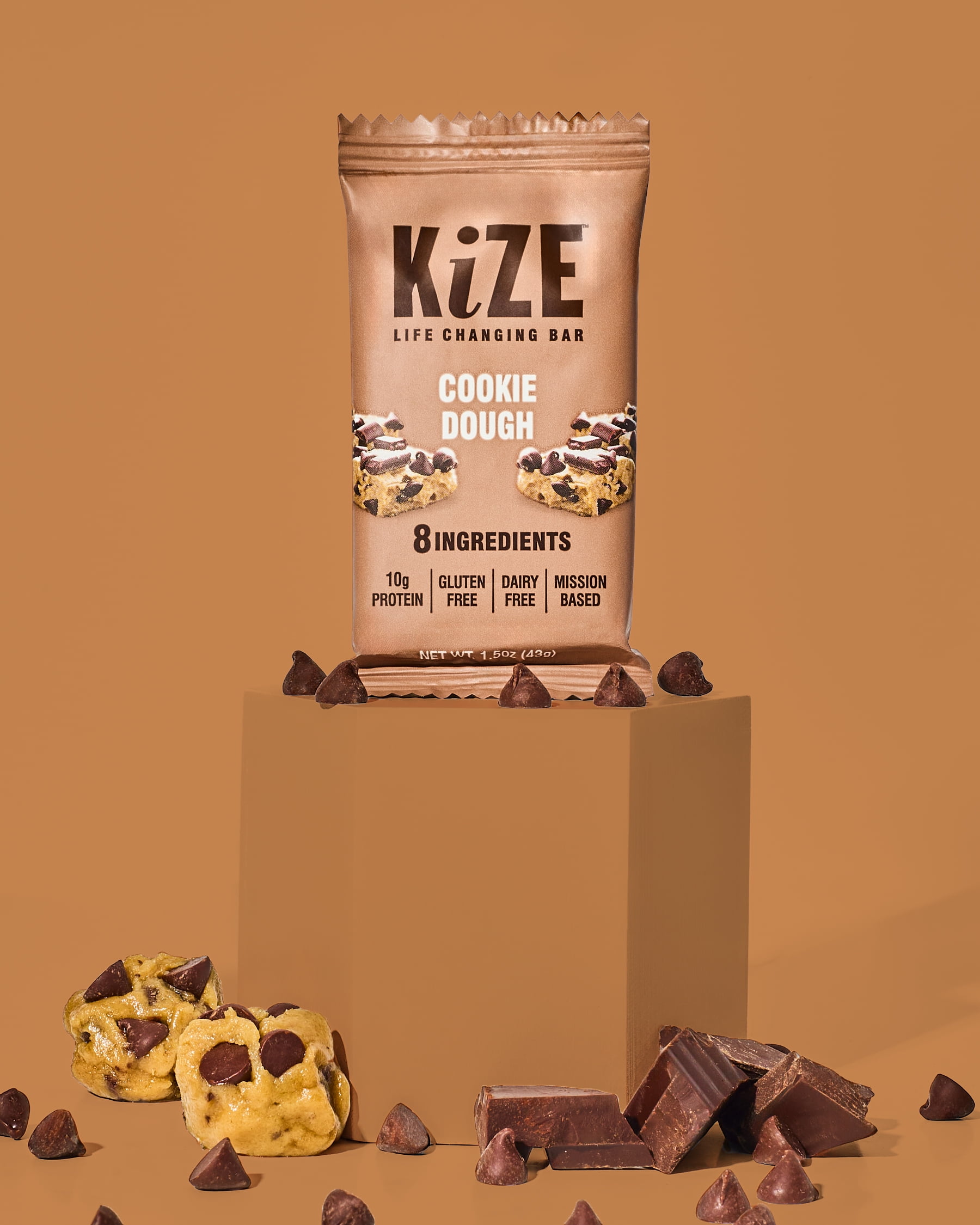 KiZE Life Changing Bar, Cookie Dough, Protein Bar, 8 ingredients, Dairy Free, 1.5oz Bar (10pk)